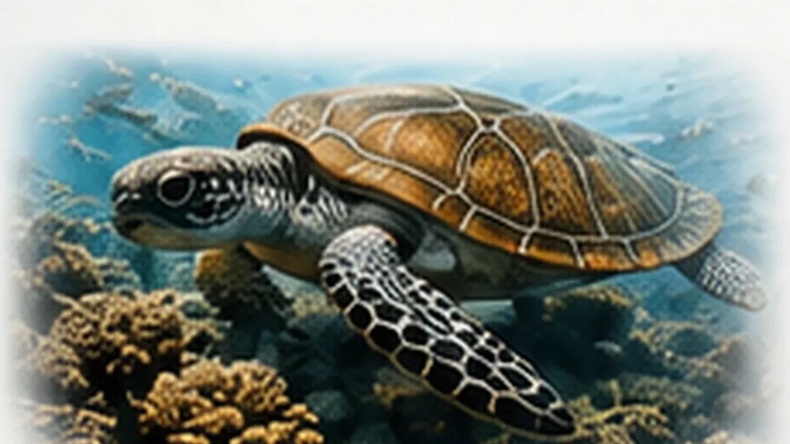Sea turtle swimming above a reef